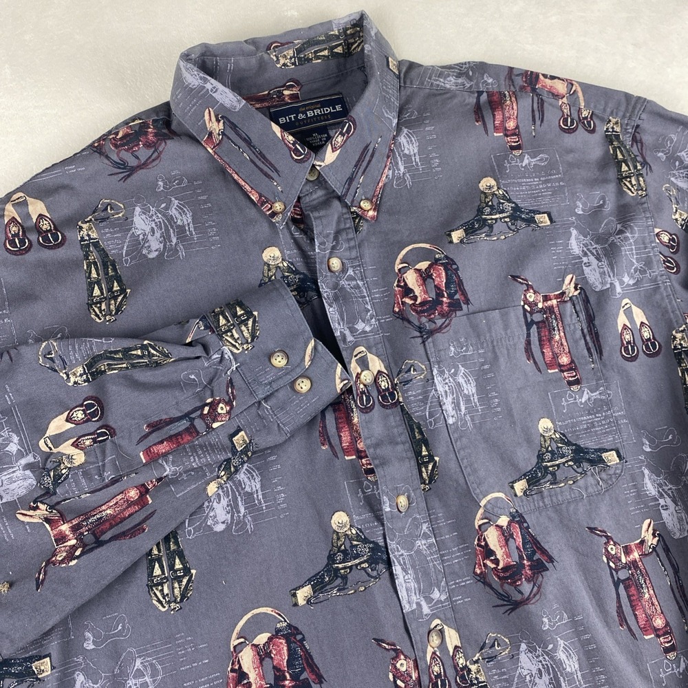 Bit & Bridle Gray Button Down Shirt Mens XL LS ‎ Western Rodeo All Over Print